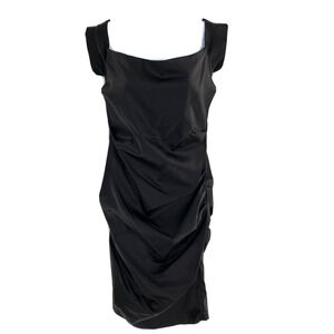 Nicole Miller Womens Ruched Cocktail Dress Bodycon Black Satin Square Neck Sz 10